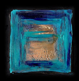 Burnished Solar Winds Series #10. Oil, enamel on plastic. 15 x 15 cm. original art, contemporary art, Australian artist, female artist, beach, blue, turquoise, sunshine, poetry, father, abstract painting, oil painting, small works, green, gold, copper, ocean, landscape painting