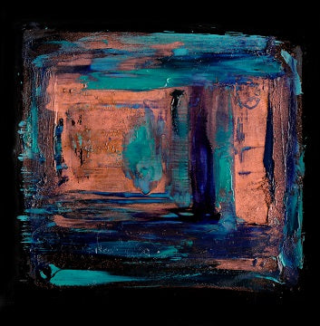 Burnished Solar Winds Series #22. Oil, enamel on plastic. 15 x 15 cm. original art, contemporary art, Australian artist, female artist, beach, blue, turquoise, sunshine, poetry, father, abstract painting, oil painting, small works, green, gold, copper, ocean, landscape painting