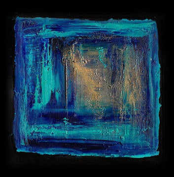 Burnished Solar Winds Series #24. Oil, enamel on plastic. 15 x 15 cm. original art, contemporary art, Australian artist, female artist, beach, blue, turquoise, sunshine, poetry, father, abstract painting, oil painting, small works, green, gold, copper, ocean, landscape painting