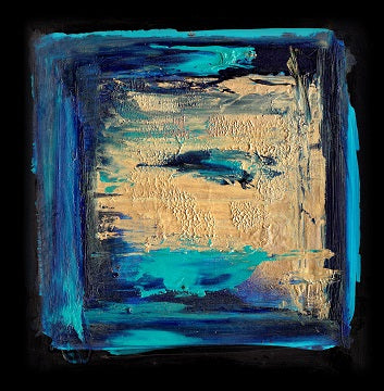 Burnished Solar Winds Series #25. Oil, enamel on plastic. 15 x 15 cm. original art, contemporary art, Australian artist, female artist, beach, blue, turquoise, sunshine, poetry, father, abstract painting, oil painting, small works, green, gold, copper, ocean, landscape painting
