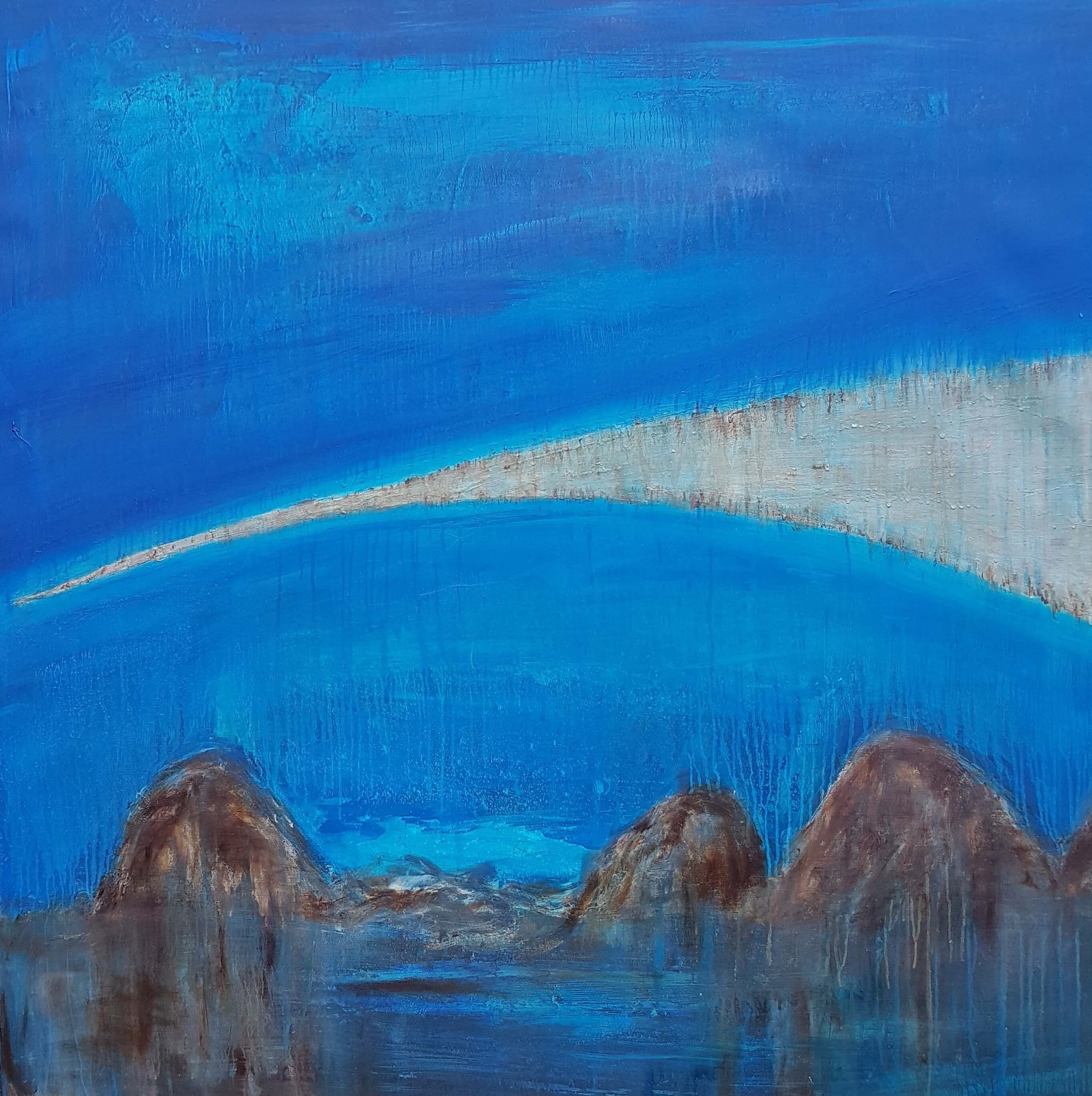 The Passage. Triptych. Oil on canvas. Landscape painting of Bribie Island, Glasshouse Mountains and Pumicestone Passage, connected.  Original art collection, oil painting, female artist, Moreton Bay Region, Australian art,  Australian artist, abstract and figurative art. Queensland, Australia.