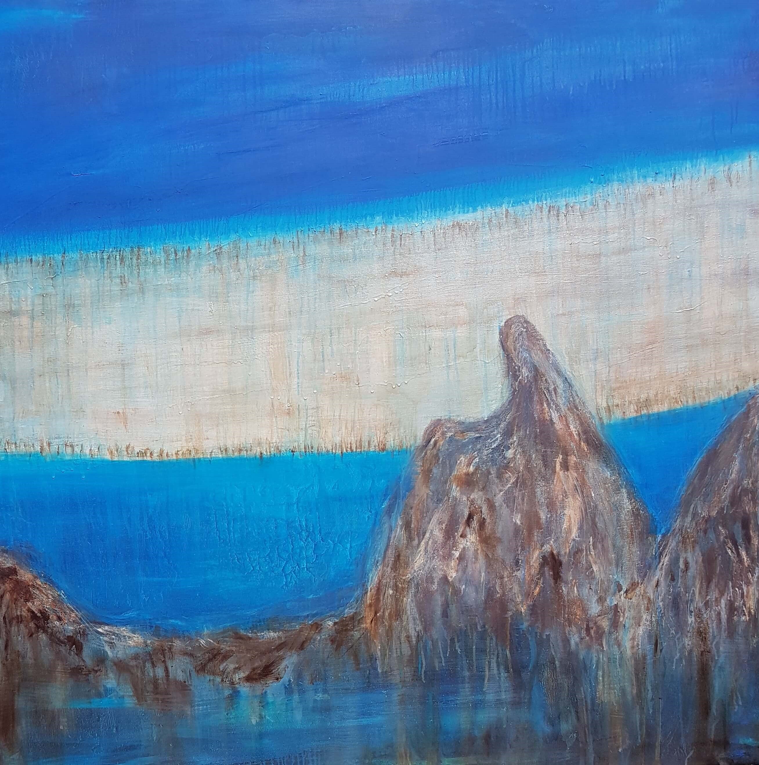 The Passage. Triptych. Oil on canvas. Landscape painting of Bribie Island, Glasshouse Mountains and Pumicestone Passage, connected.  Original art collection, oil painting, female artist, Moreton Bay Region, Australian art,  Australian artist, abstract and figurative art. Queensland, Australia.