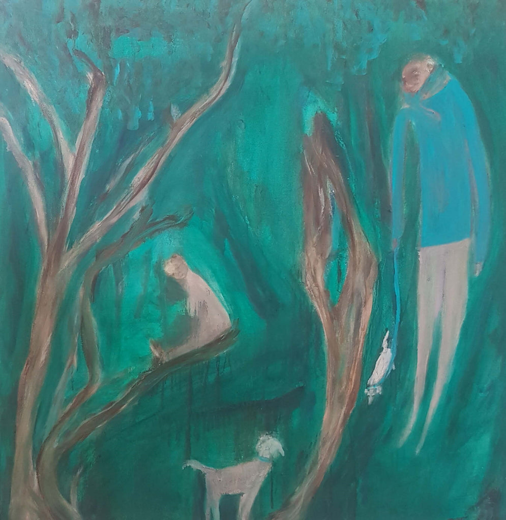 Central Park. Oil on canvas. Original art collection, New York, dogs, green, abstract and figurative art, landscape painting, oil painting, female artist, contemporary art, New York City.