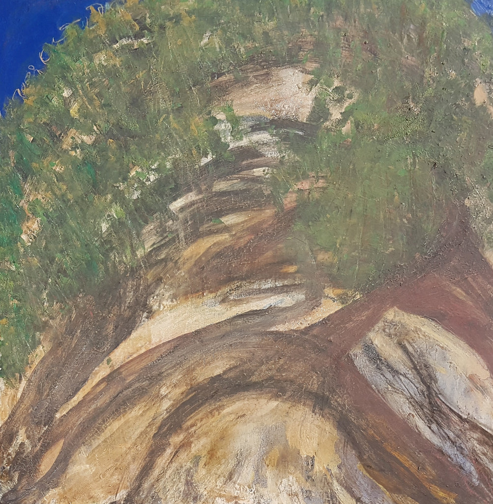 Mt Coolum. Oil, pastel on canvas. Landscape painting. Coolum Beach, Sunshine Coast, Queensland, Australia. Australian landscape. abstract painting. ocean, blue. female artist, Australian art, Australian artist. art collection, original art.