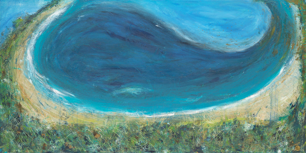 Mt Coolum. Oil, enamel on canvas. Landscape painting. Coolum Beach, Sunshine Coast, Queensland, Australia. Australian landscape. abstract painting. ocean, blue. female artist, Australian art, Australian artist. art collection, original art.