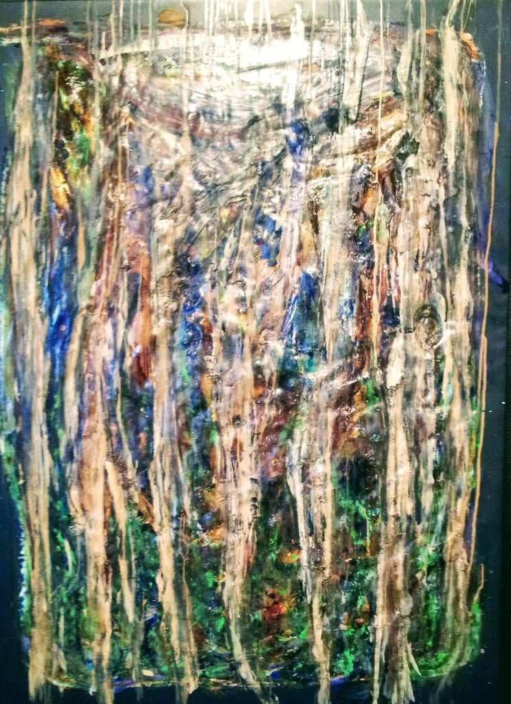 Melaluca II. Oil, enamel on plastic. Paper Bark Trees at Mount Coolum. Sunshine Coast, Queensland, Australia. Landscape painting, abstract artwork. Australian bush. nature, National Park. female artist. original art. Australian art, contemporary art, art collection, sunset, Australian artist.