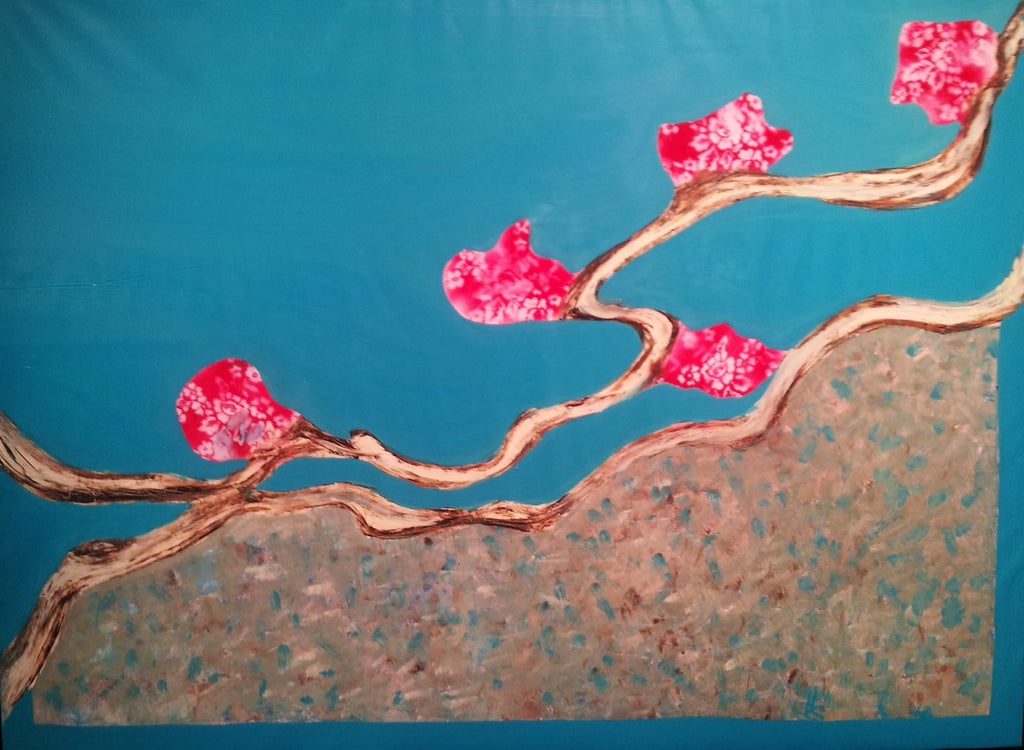 Peach Blossom Dad. Abstract art, contemporary art, figurative art, landscape painting. Oil painting. Australian landscape. female artist, Australian artist, turquoise blue sky.