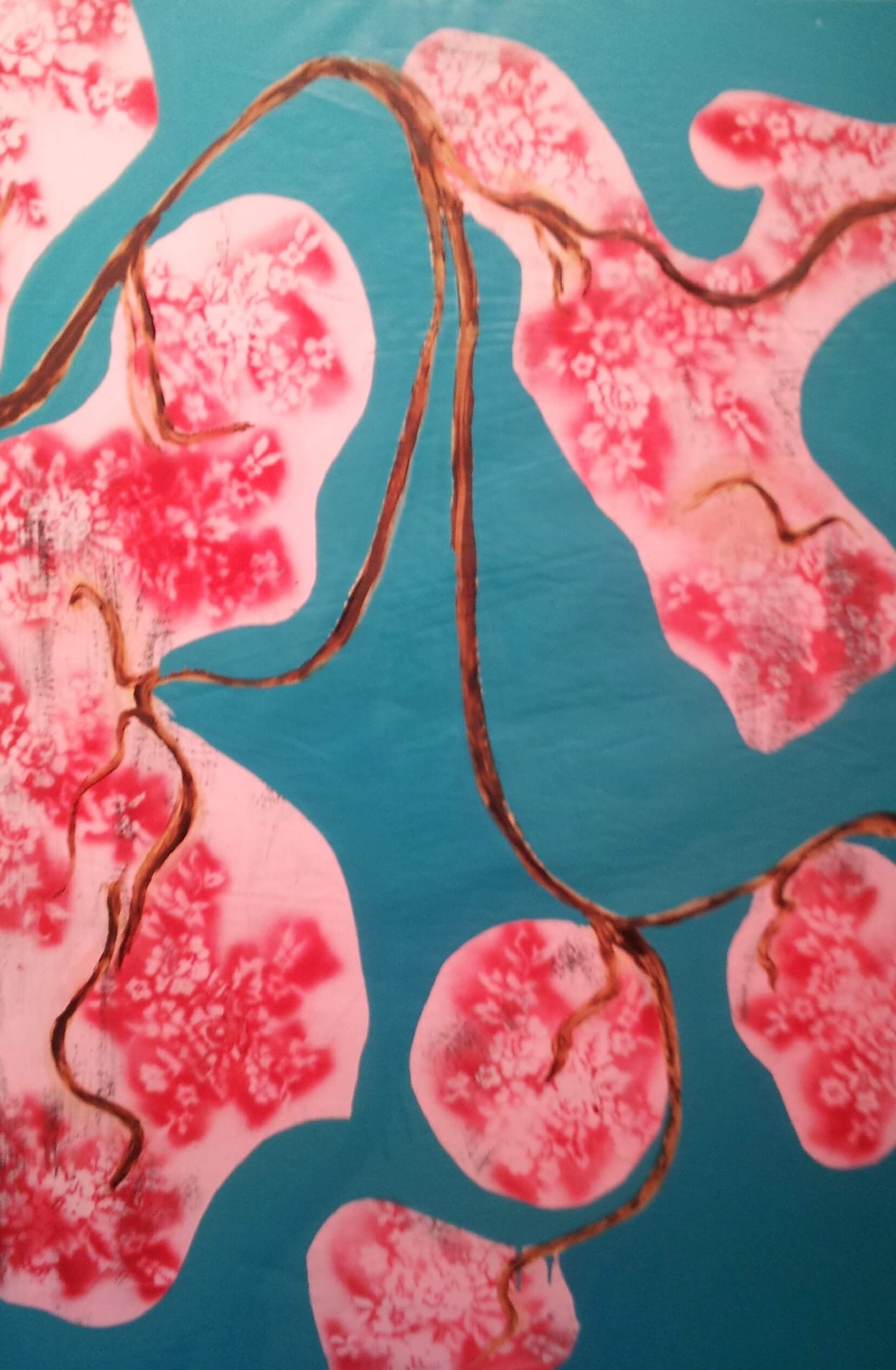 Peach Blossom Song Series III. Oil, enamel on plastic. art collection, contemporary art, abstract art, female artist, landscape painting, Australian landscape, turquoise, pink blossom, song