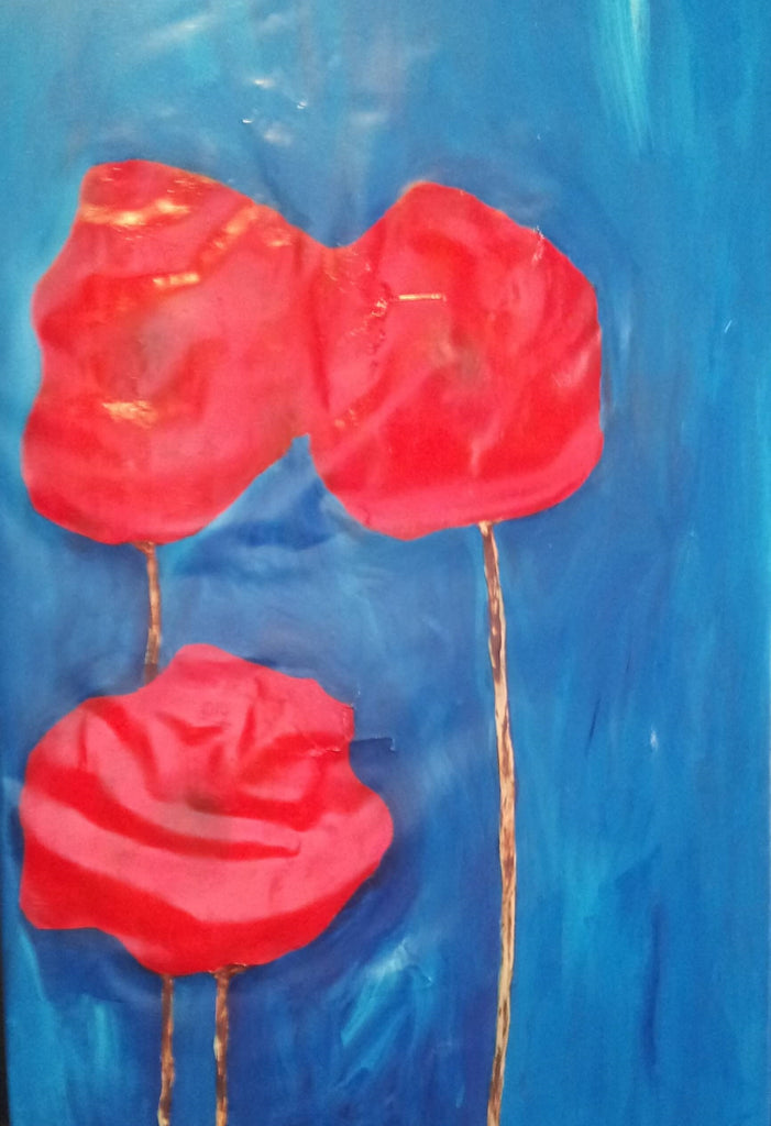 Poppies. Oil on plastic. Remembrance Day, landscape artwork, contemporary art, abstract art, female artist, Australian artist, landscape, red, Veterans Day