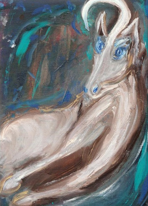 Unicorn. Oil on canvas. spiritual creature, magic, gold hooves. unicorn horn. gentle spirit. art collection, original art, abstract art, figurative art. Australian artist, England, portrait painting, oil painting. landscape painting. female artist